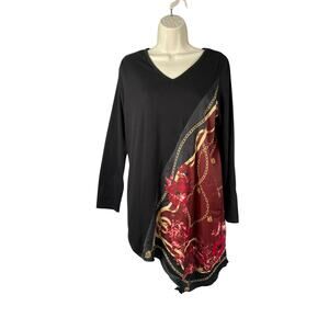 DG2 Diane Gilman Tunic Top Small Black Red Gold Chain Floral Print Asymmetric